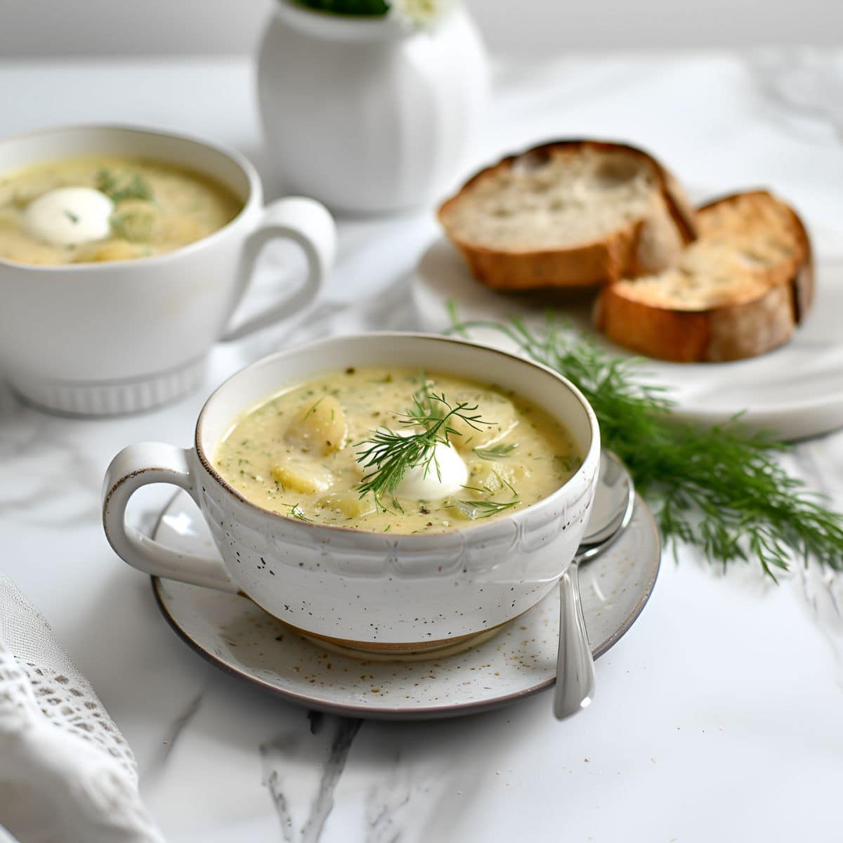 Polish Dill Pickle Soup with Fresh Dill and Sour Cream in a Ceramic Bowl with with a Handle and a Spoon and Crusty Bread and Fresh Dill in the Background