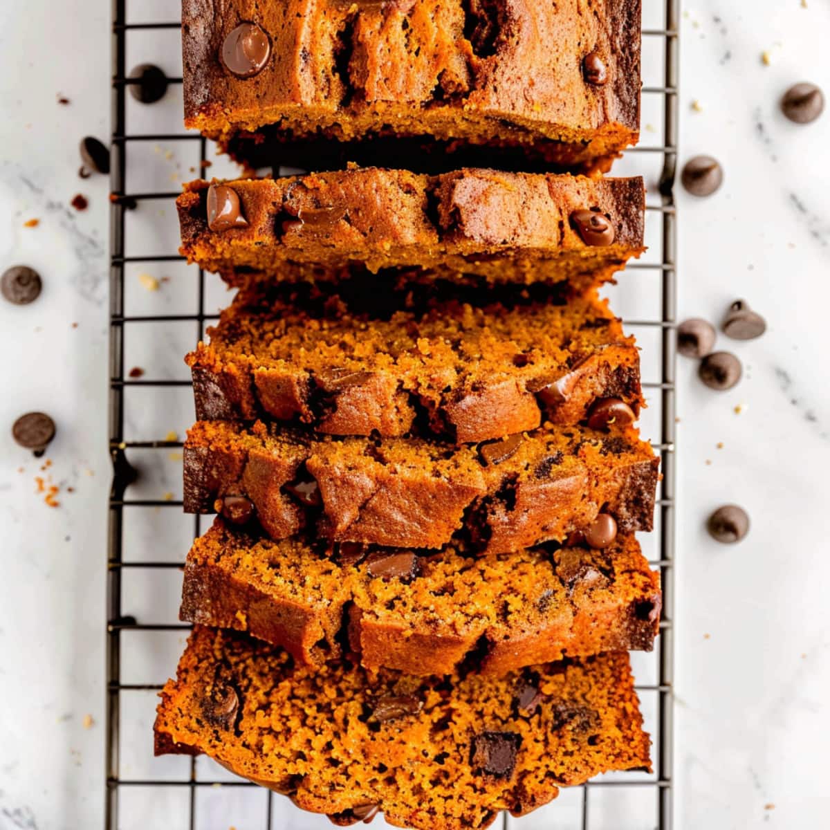 Slices of Pumpkin Chocolate Chip Bread on a Wire Rack on a White Marble Table