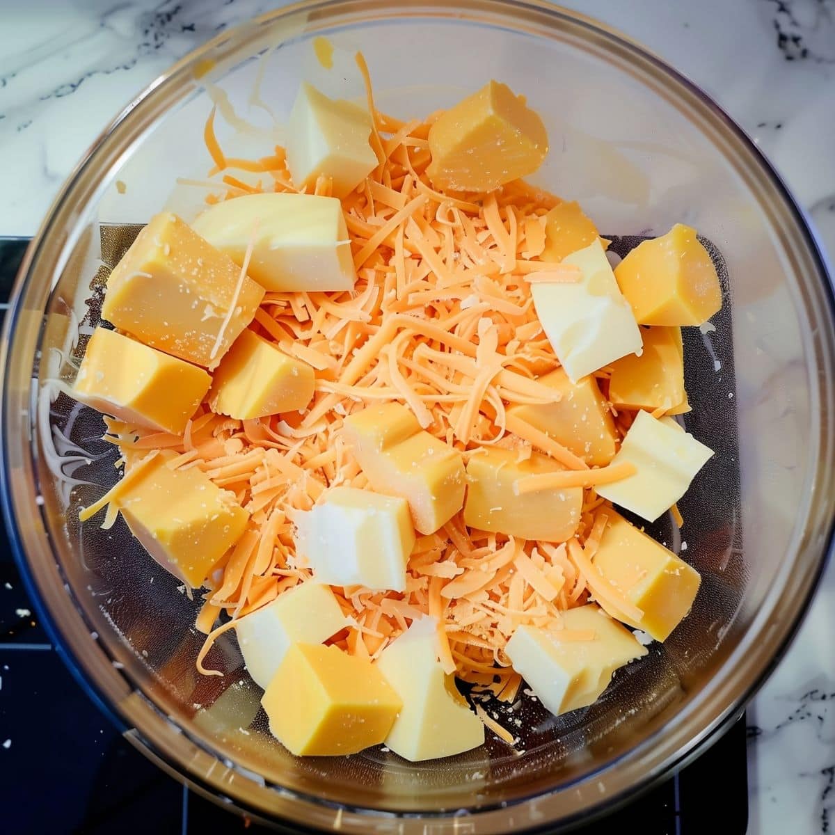 Close Top View of Clear Glass Bowl with Several Different Cheese Varieties, Including Chunks of Velveeta, Colby, and Shredded Cheddar