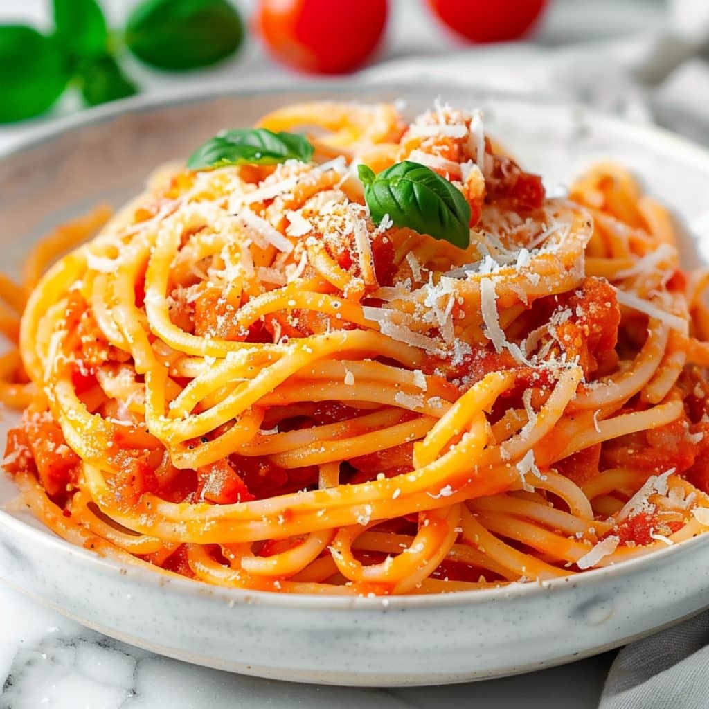 Spaghetti with tomato sauce in a white plate.