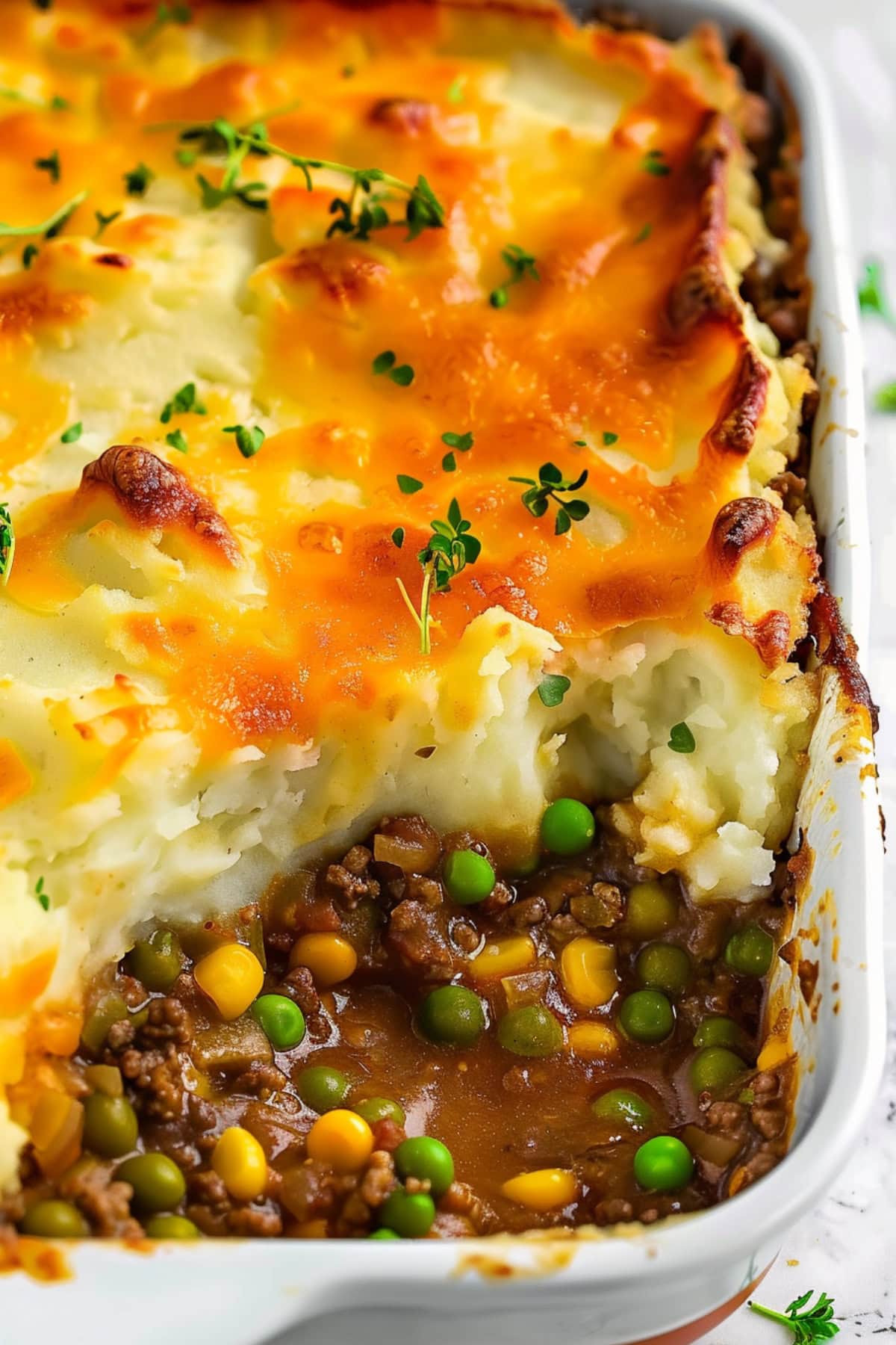 Shepherd's pie in a baking dish with green peas and corn kernels.