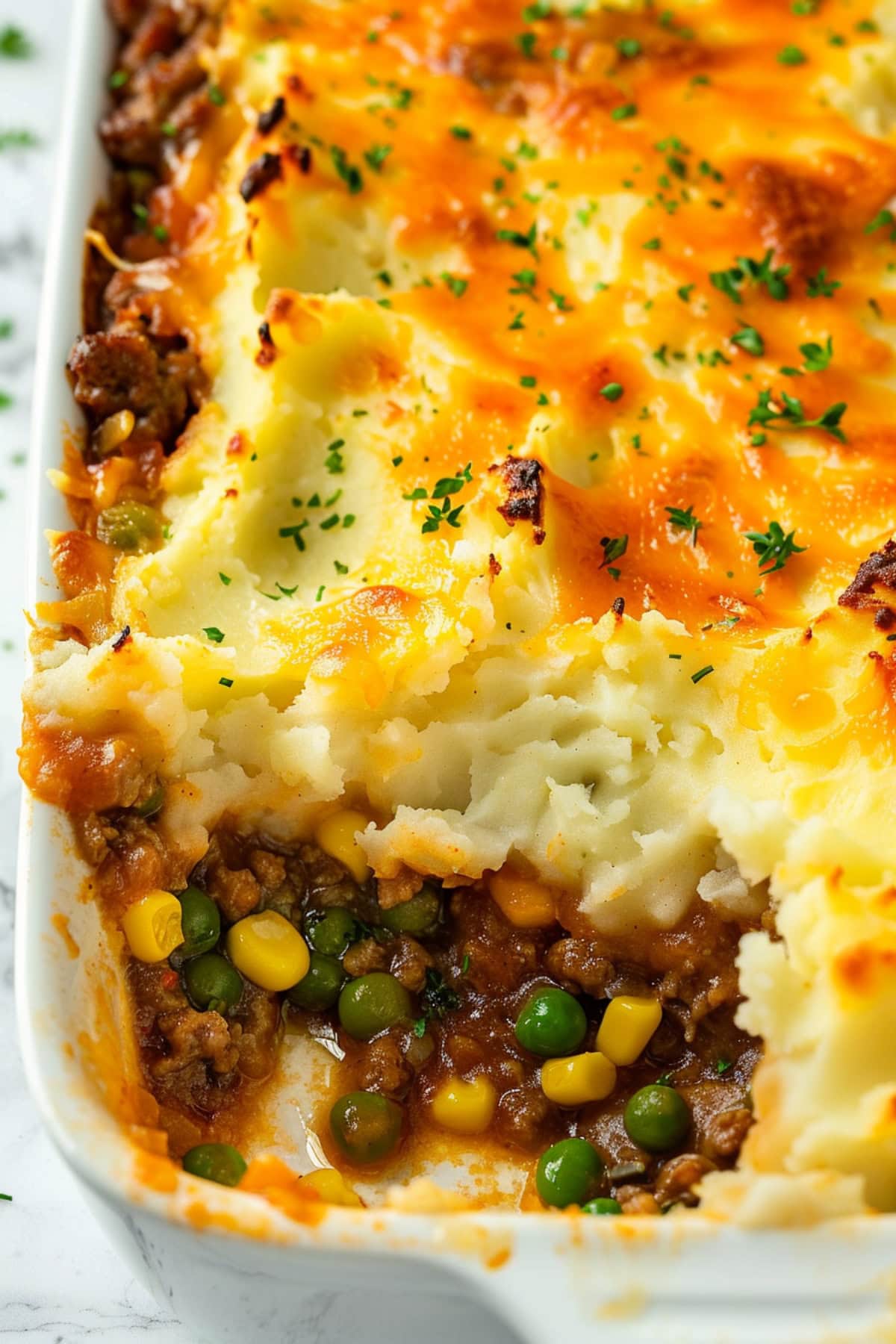 Shepherd's pie in a baking dish with a portion scooped out