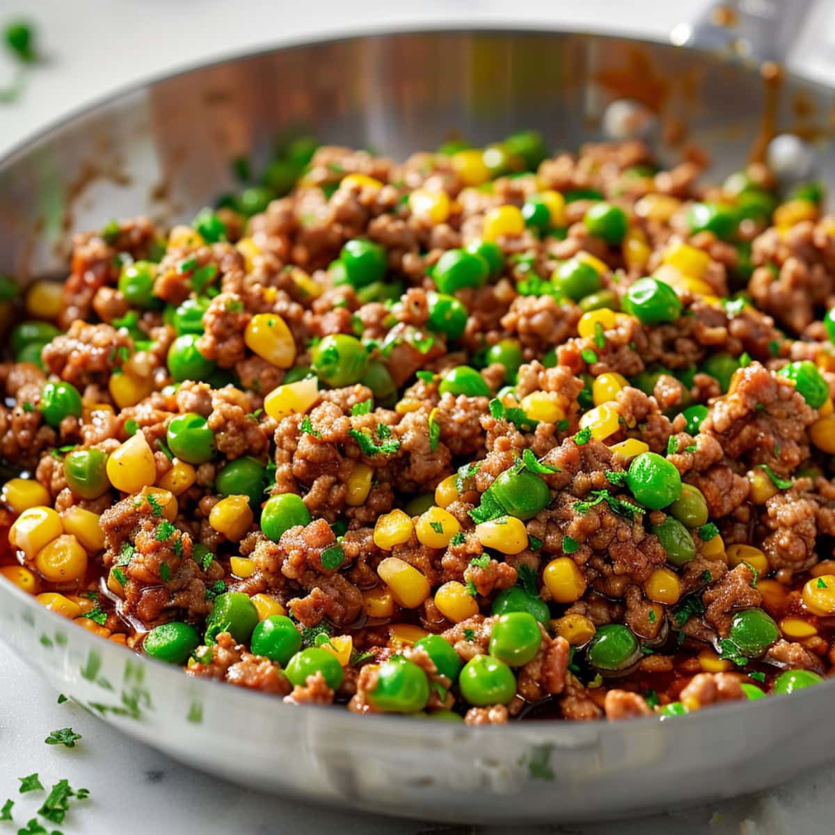 Sauteed ground lamb with green peas and corn kernels in a stainless pan.