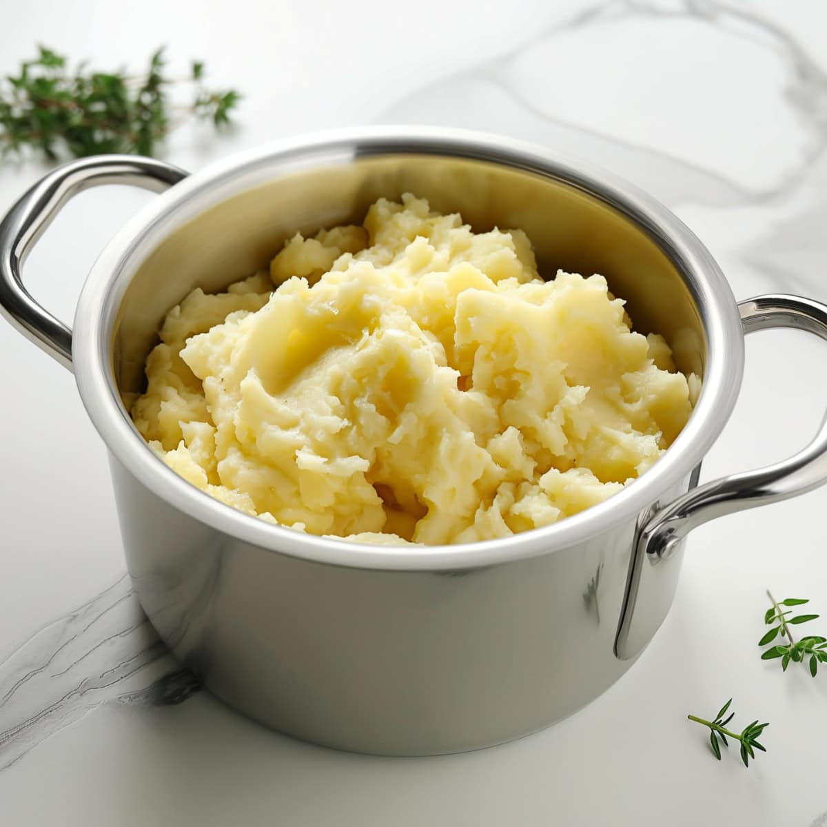 Mashed potatoes in a stainless pot on a marble top.