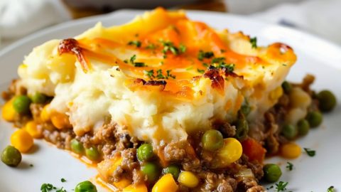 Pie with mashed potatoes on top of ground lamb.