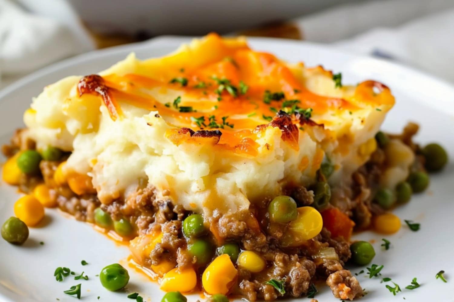 Pie with mashed potatoes on top of ground lamb.