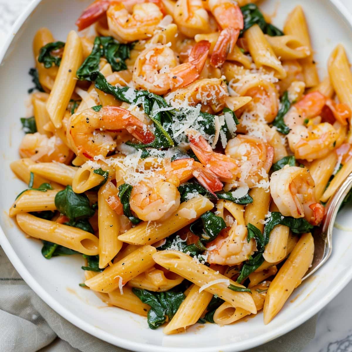 Vibrant pasta with sautéed shrimp and fresh spinach, topped with parmesan cheese.