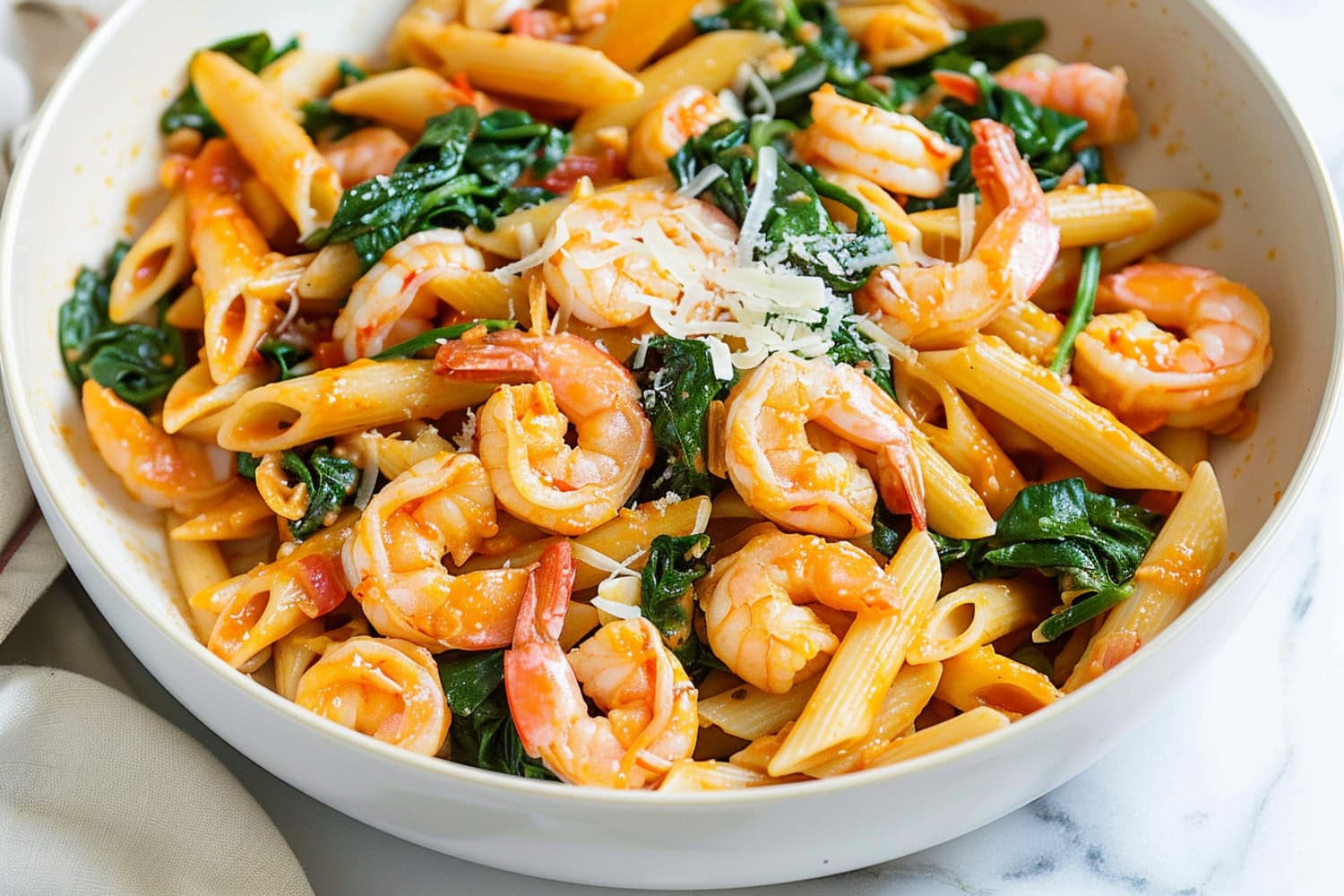 Flavorful shrimp and spinach pasta, garnished with chopped parsley in a white bowl.