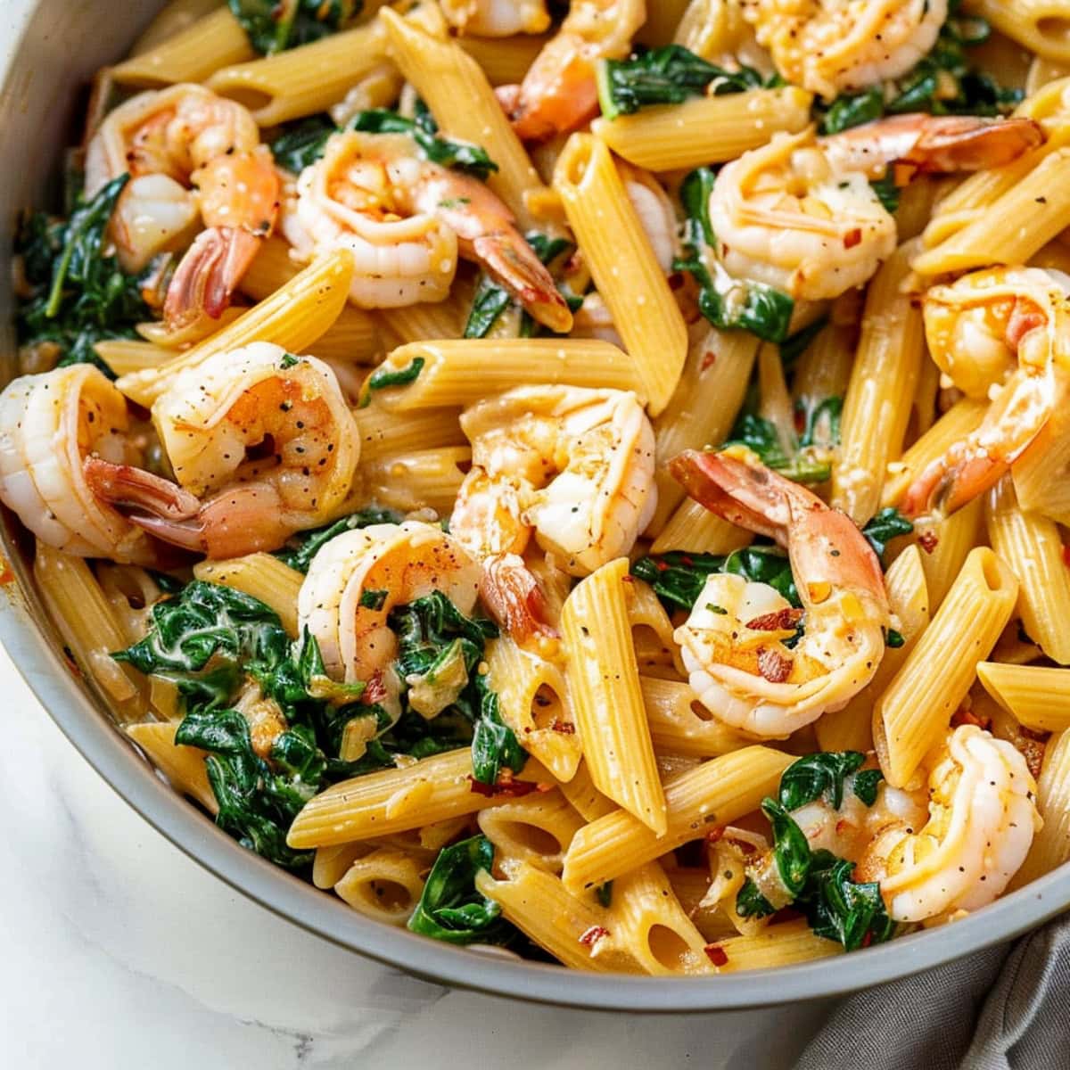 Garlicky shrimp pasta with spinach in a skillet, top down view