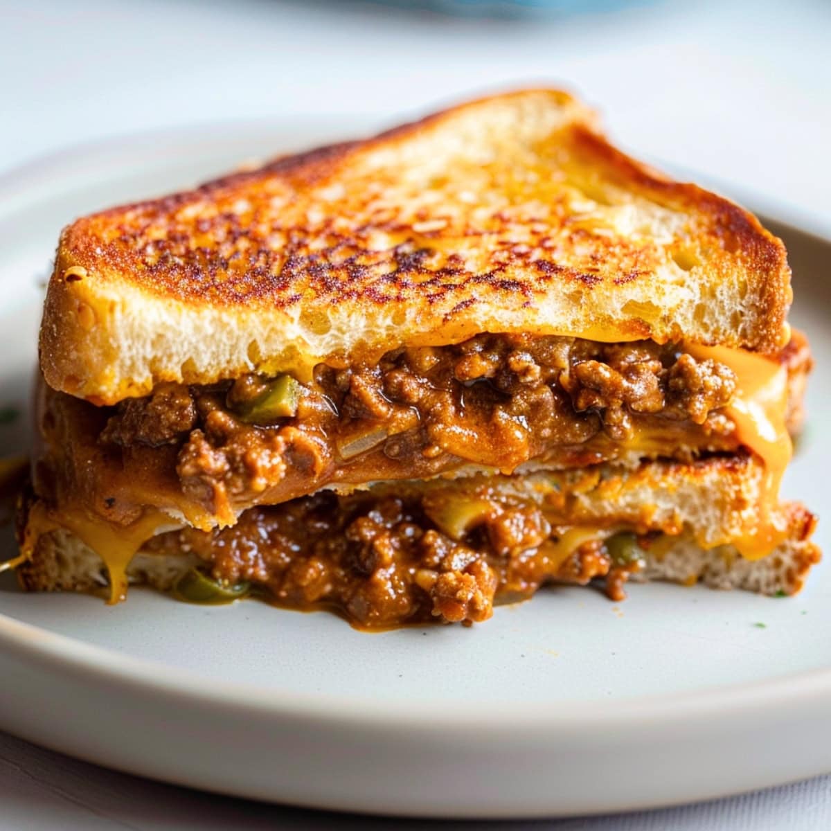 Savory sloppy joe grilled cheese with ground beef, served hot and crispy, with a perfectly toasted exterior.