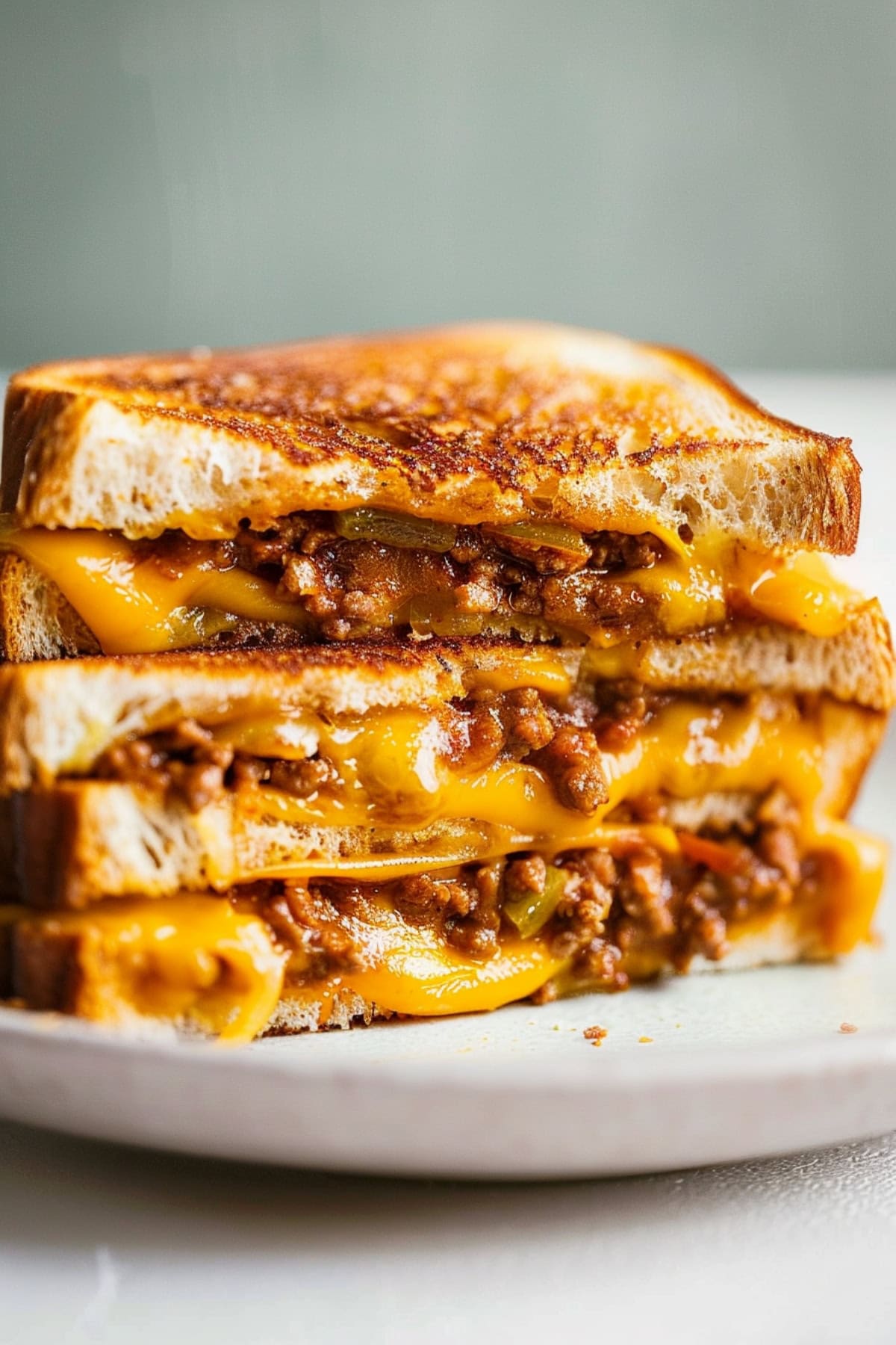 Cheesy sloppy joe grilled cheese, a delectable blend of rich beef filling with green pepper, onion and garlic.