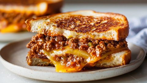 Savory sloppy joe grilled cheese, featuring a blend of ground beef, melted cheddar, and toasted bread.