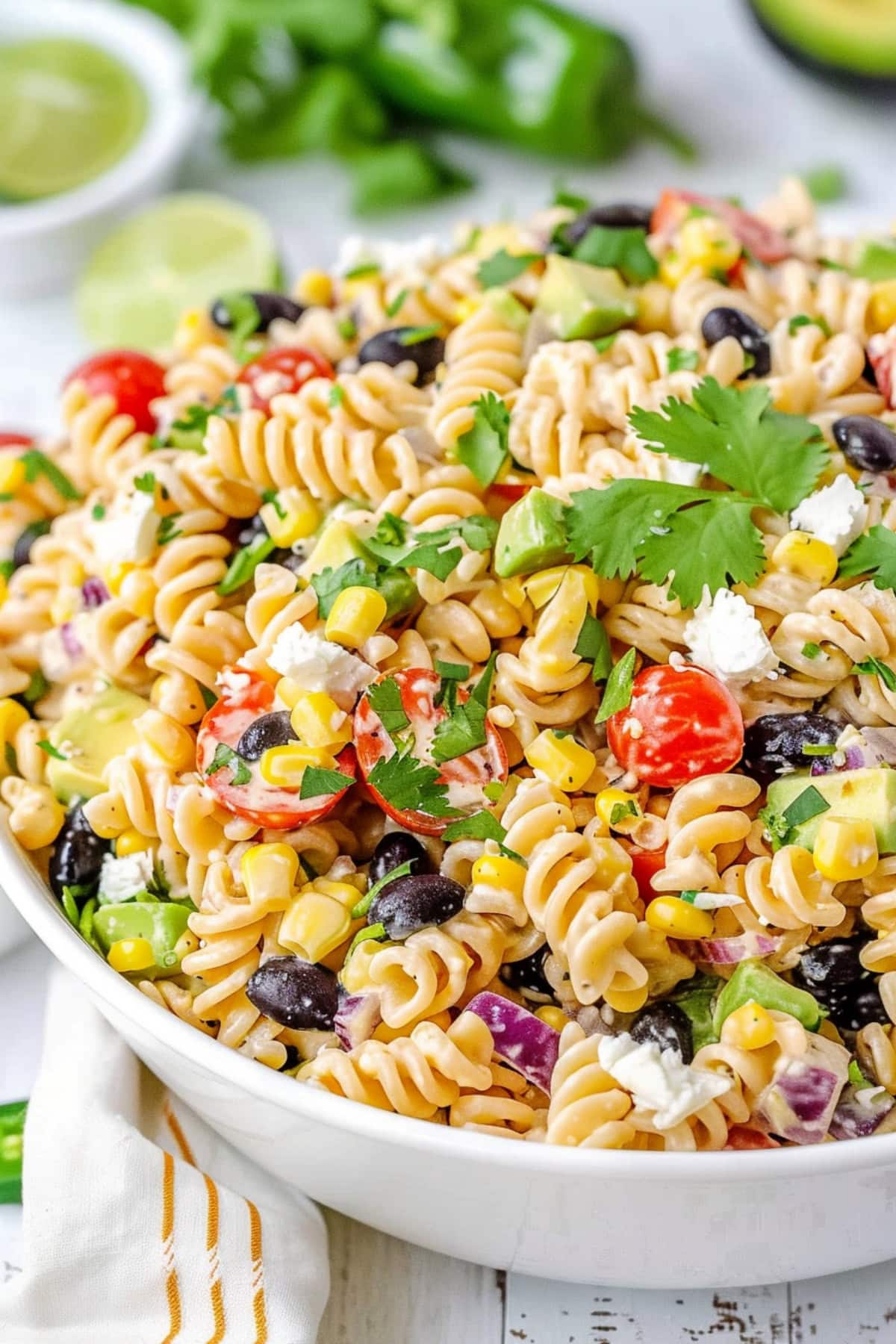 Closeup of southwest pasta salad served in a bowl.