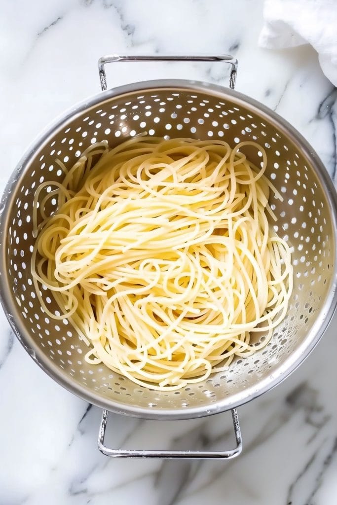 A colander filled with spaghetti on a marble counter.