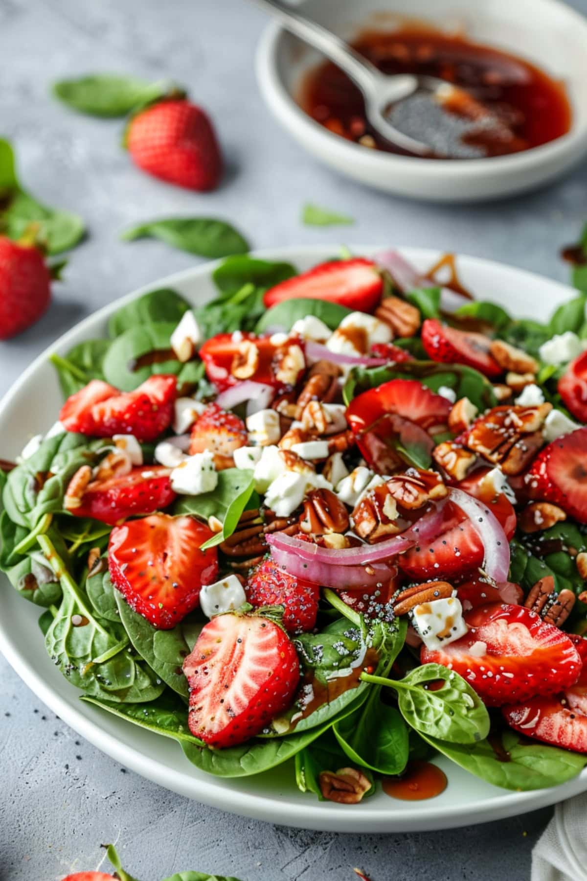 Sliced strawberries, baby spinach, chopped pecans and crumbled feta drizzled with poppy seeds dressing served in a white plate.