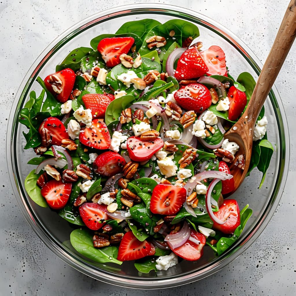 Spinach and strawberry salad with poppy seeds dressing tossed in a glass bowl.