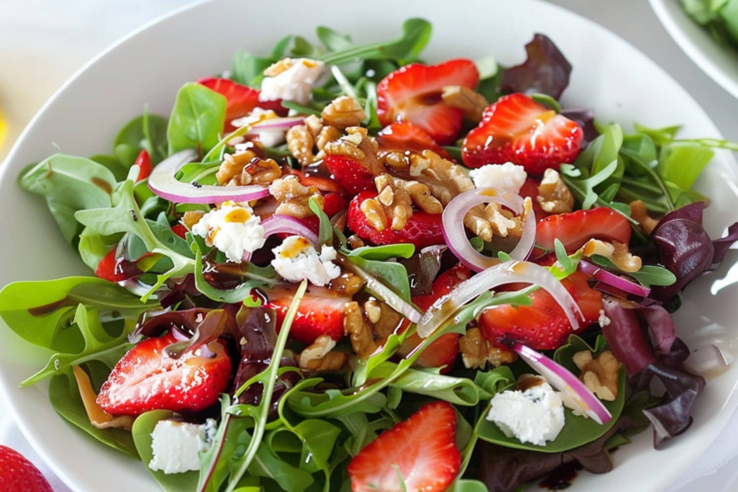 Bowl of mixed greens, sliced strawberries, red onion, and toasted walnuts with goat cheese