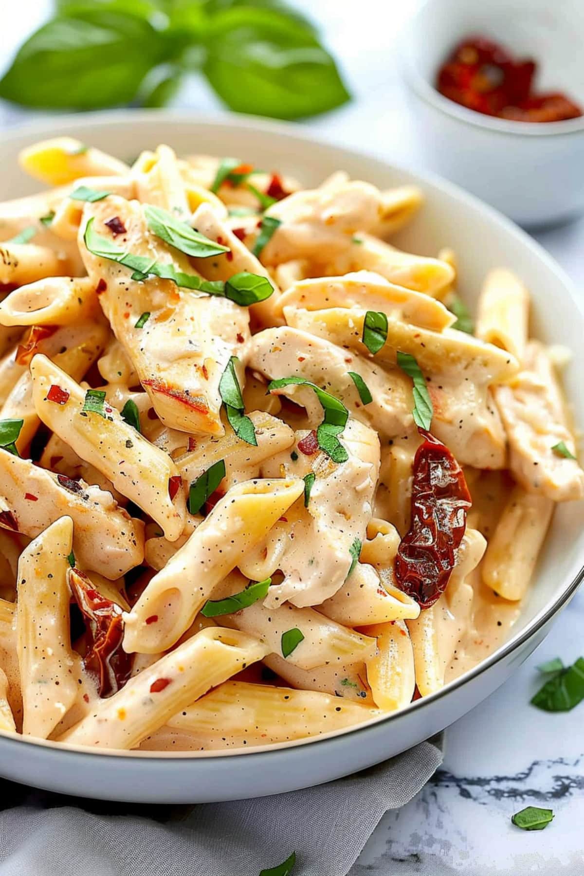 Serving of penne pasta with creamy sauce, chicken and sun dried tomatoes.