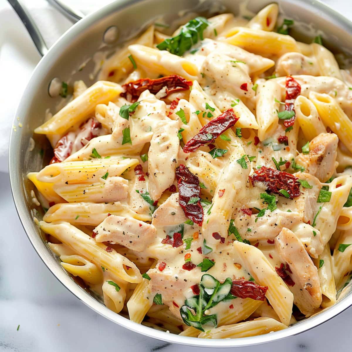 Penne pasta with creamy sauce, sun dried tomatoes in a skillet pan.