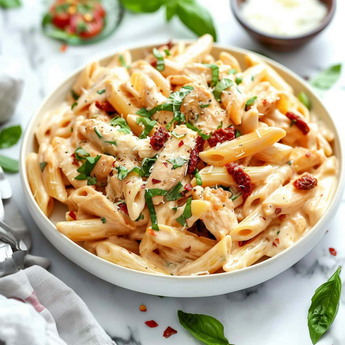 Close-up view of a plate of sun-dried tomato chicken pasta.