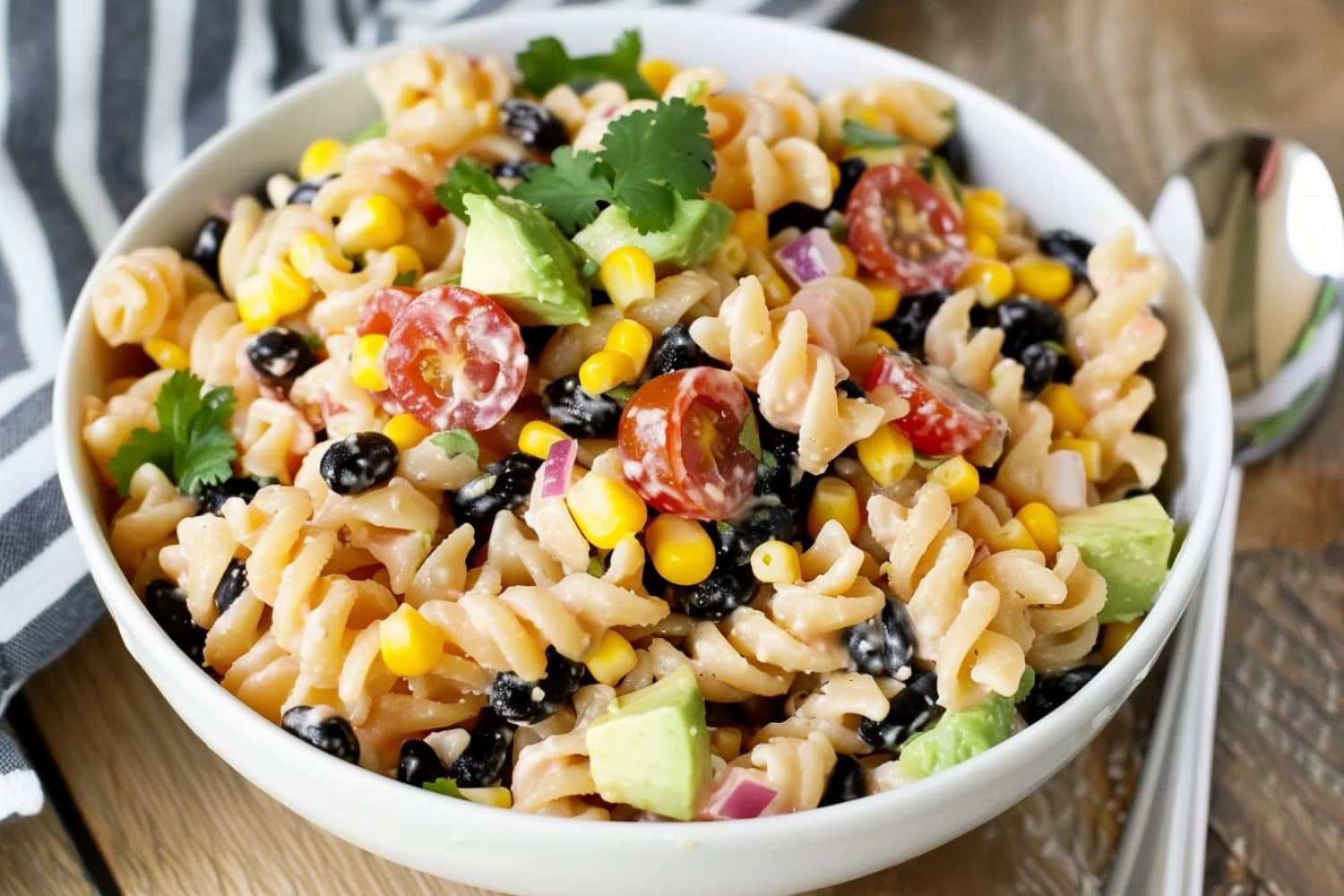 A festive presentation of Tex-Mex pasta salad in a large serving bowl, featuring black beans, corn, avocado and cherry tomatoes.