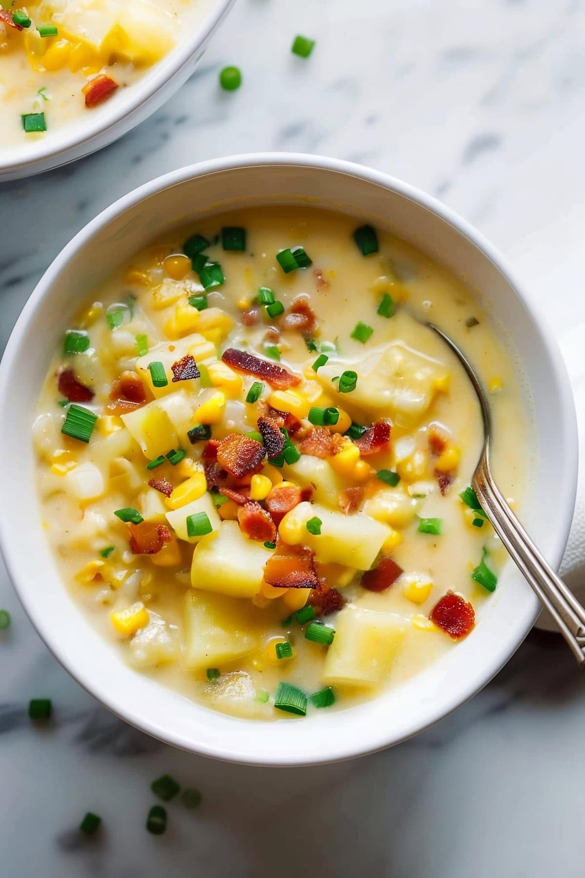 Corn chowder with bacon, potatoes and chives served hot in a white bowl.