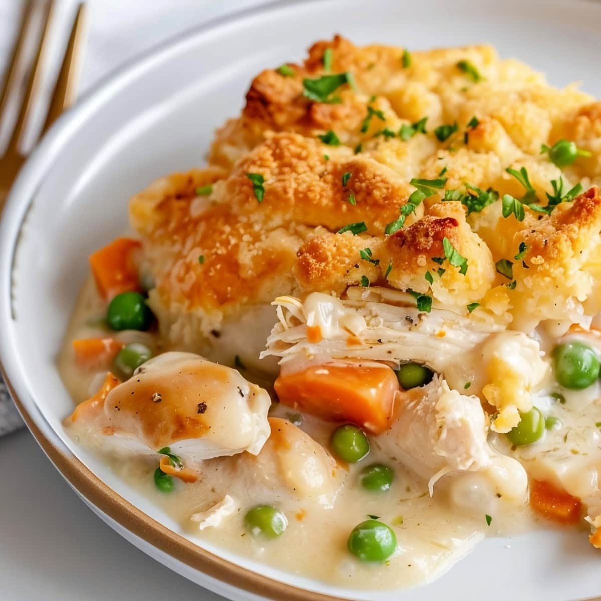 Close Up of TikTok Chicken Cobbler -Pot Pie with Chicken, Peas, Sauce, and Flaky Biscuit Topping- in a Bowl with a Fork