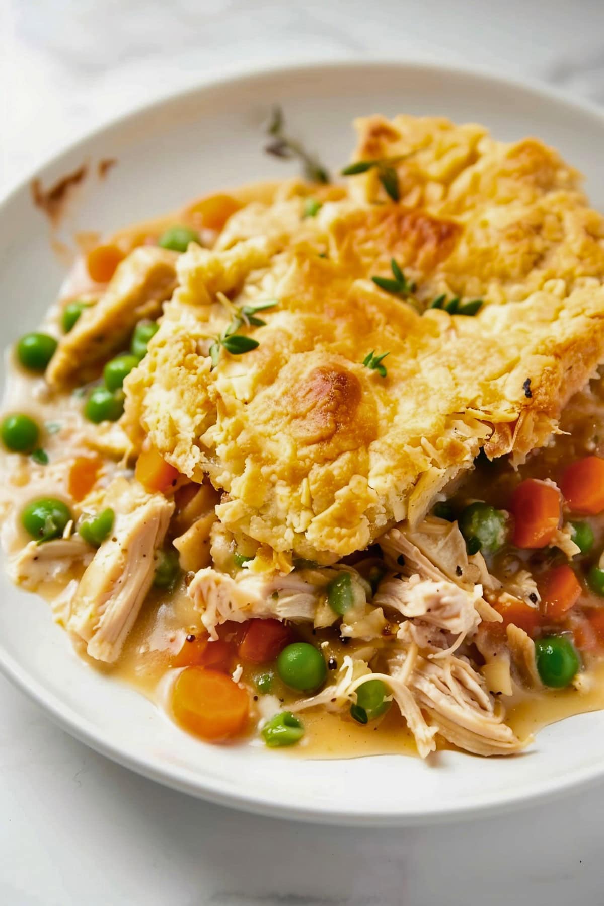 Close Up of TikTok Chicken Cobbler Pot Pie- with Meaty Chicken, Carrots, Peas, Sauce, and Flaky Biscuit- on a Plate