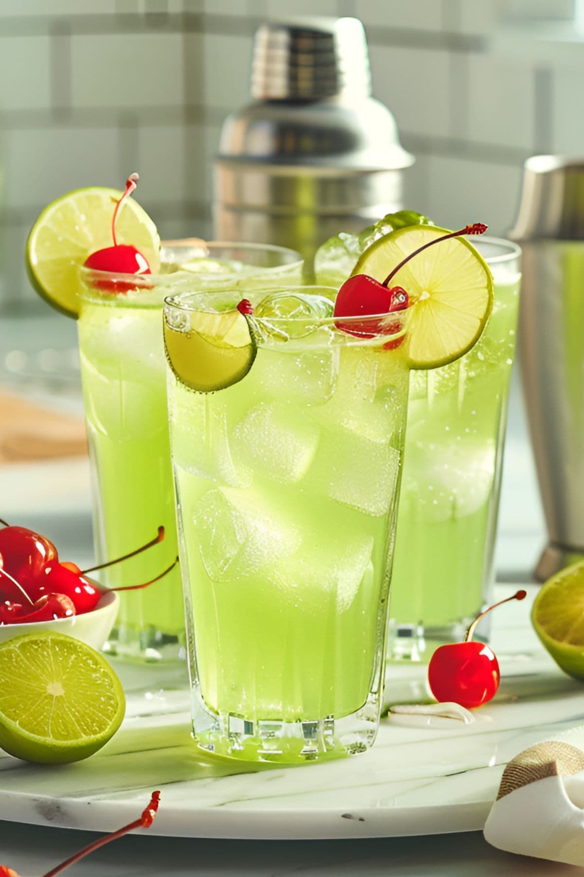 Three Tall Glasses of Bright Green Tokyo Tea Cocktails with Lime Wheels and Cherries and a Cocktail Shaker in the Background with More Cherries and Limes 
