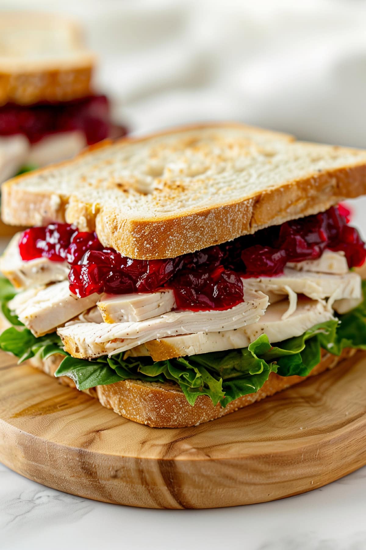 A delicious sandwich featuring sliced turkey, cranberry sauce and green lettuce