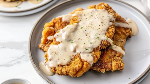 Crispy breaded chicken fried steak served with gravy in a plate.