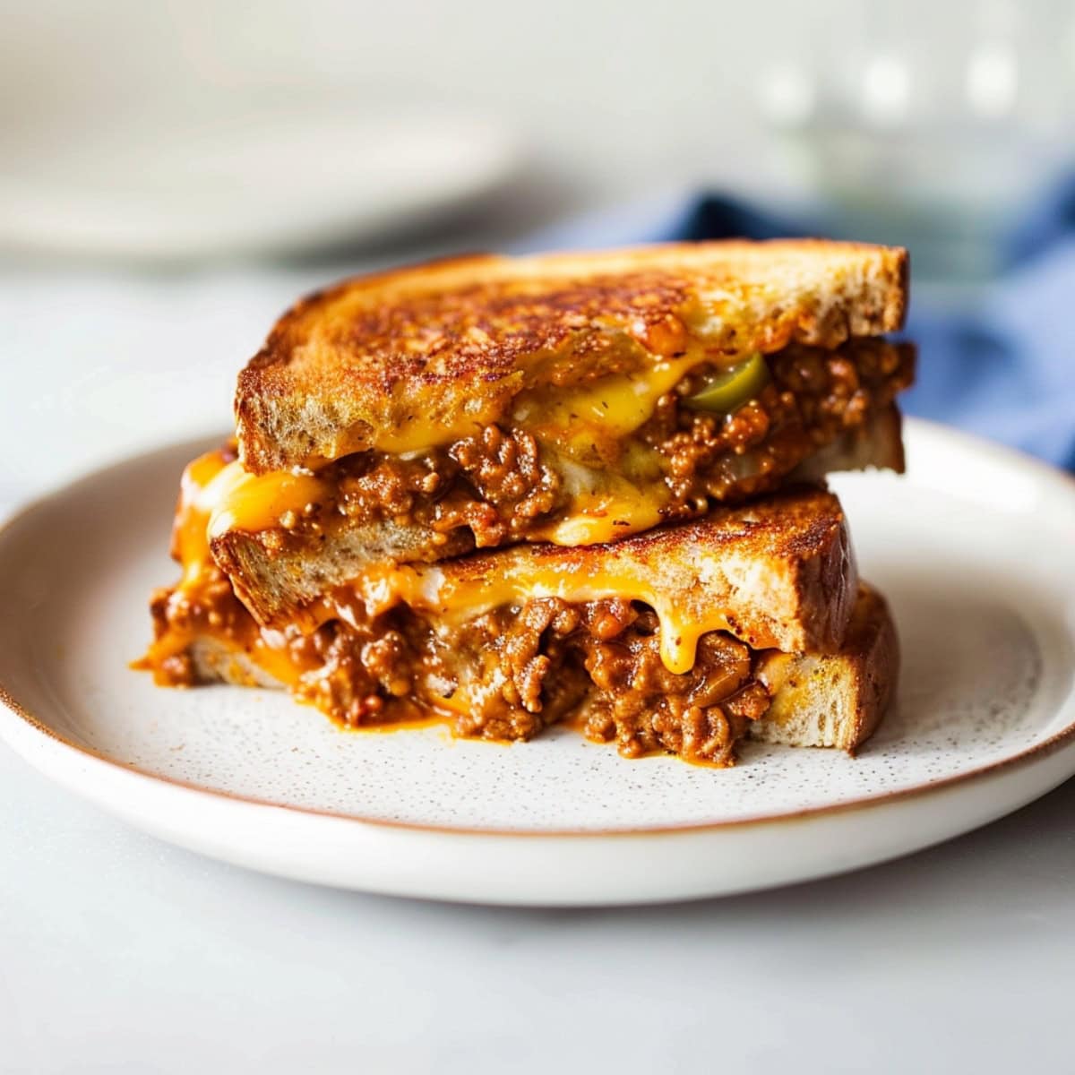 Delicious sloppy joe grilled cheese, featuring a hearty meat filling and crispy, golden-brown bread.