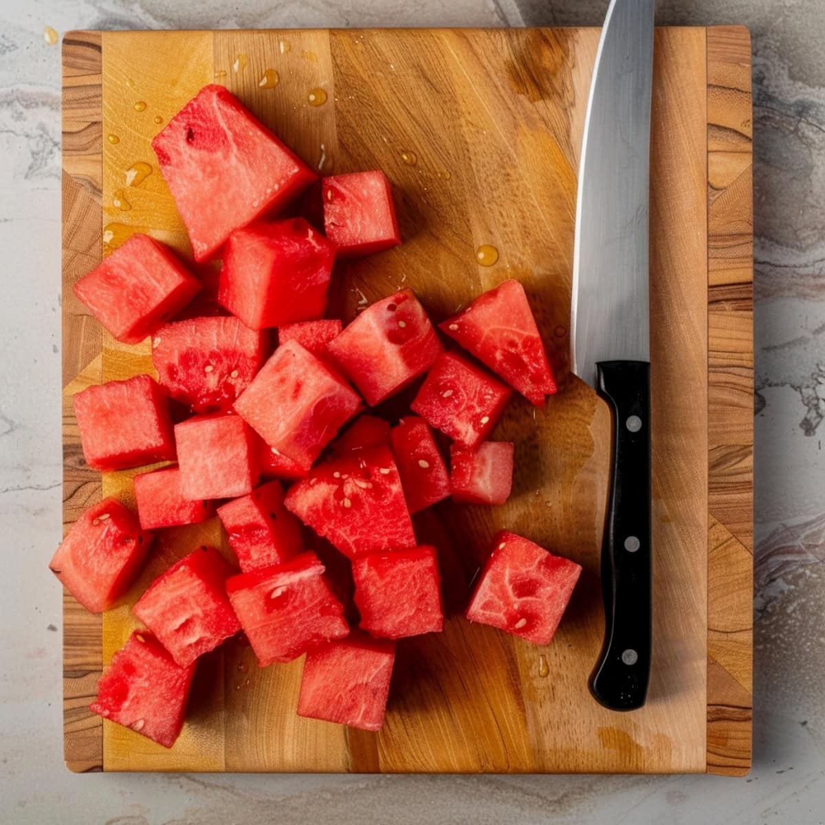 Cubed watermelon on a chopping board with a kinfe.