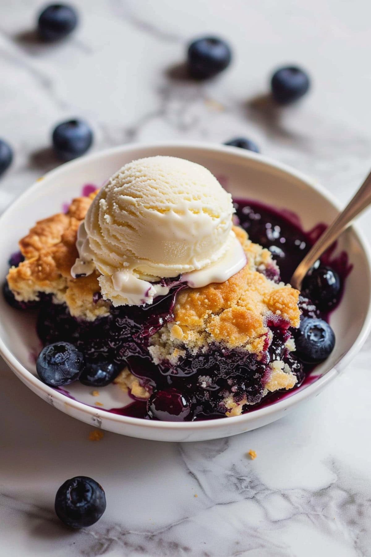 Freshly baked blueberry cobbler with a golden, buttery crust and juicy filling in a white bowl.