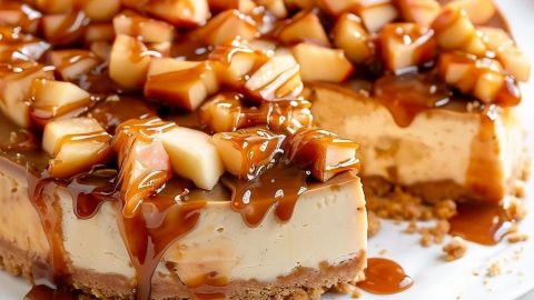 Sliced caramel apple cheesecake in an elegant kitchen stand.