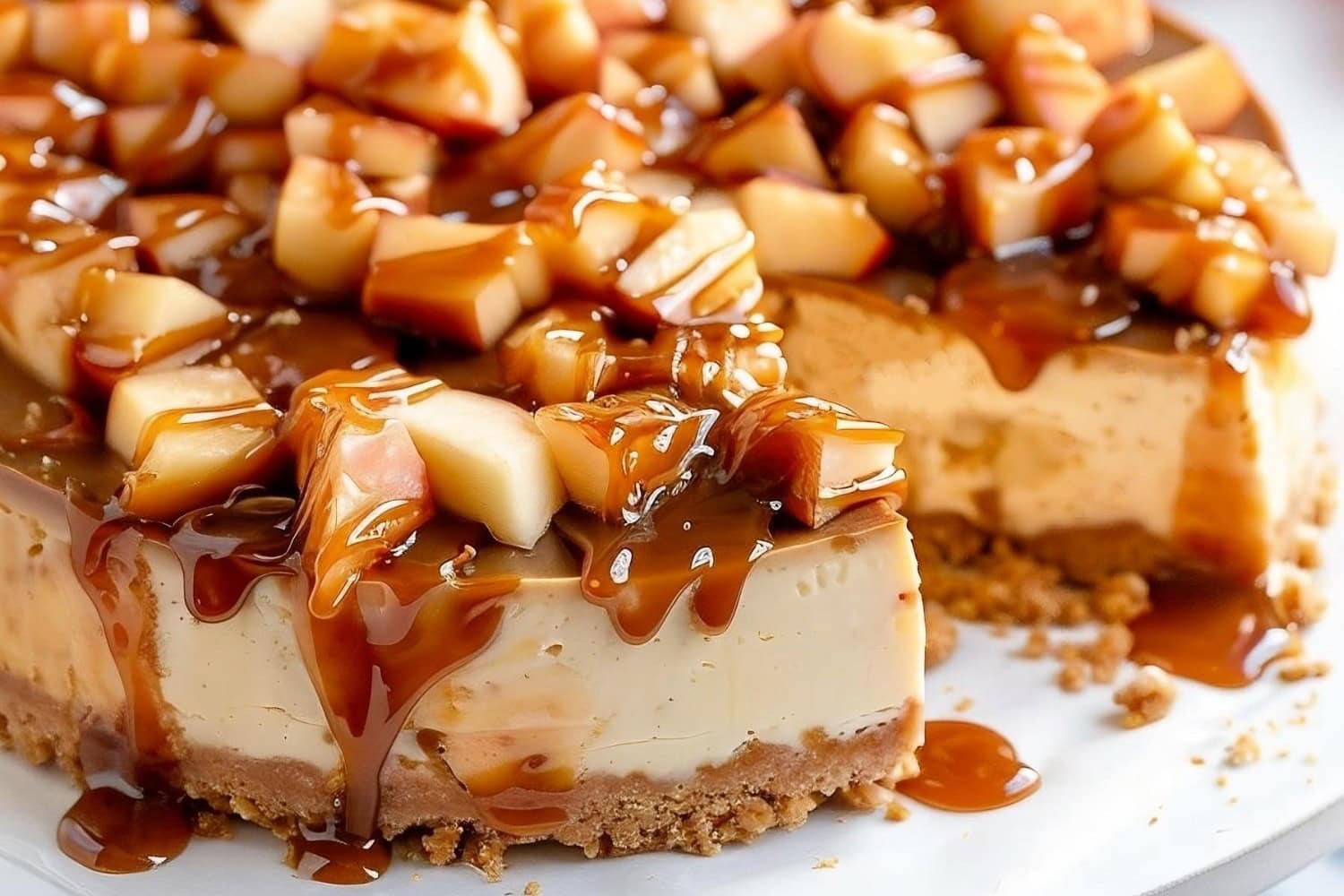 Sliced caramel apple cheesecake in an elegant kitchen stand.