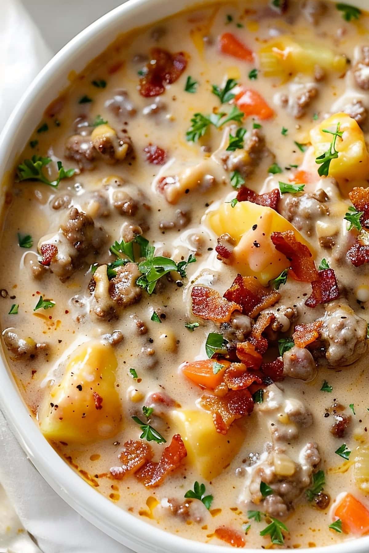 Close Up of Cheeseburger Soup with Potatoes, Ground Beef, Bacon, Carrots, and Parsley in a Bowl