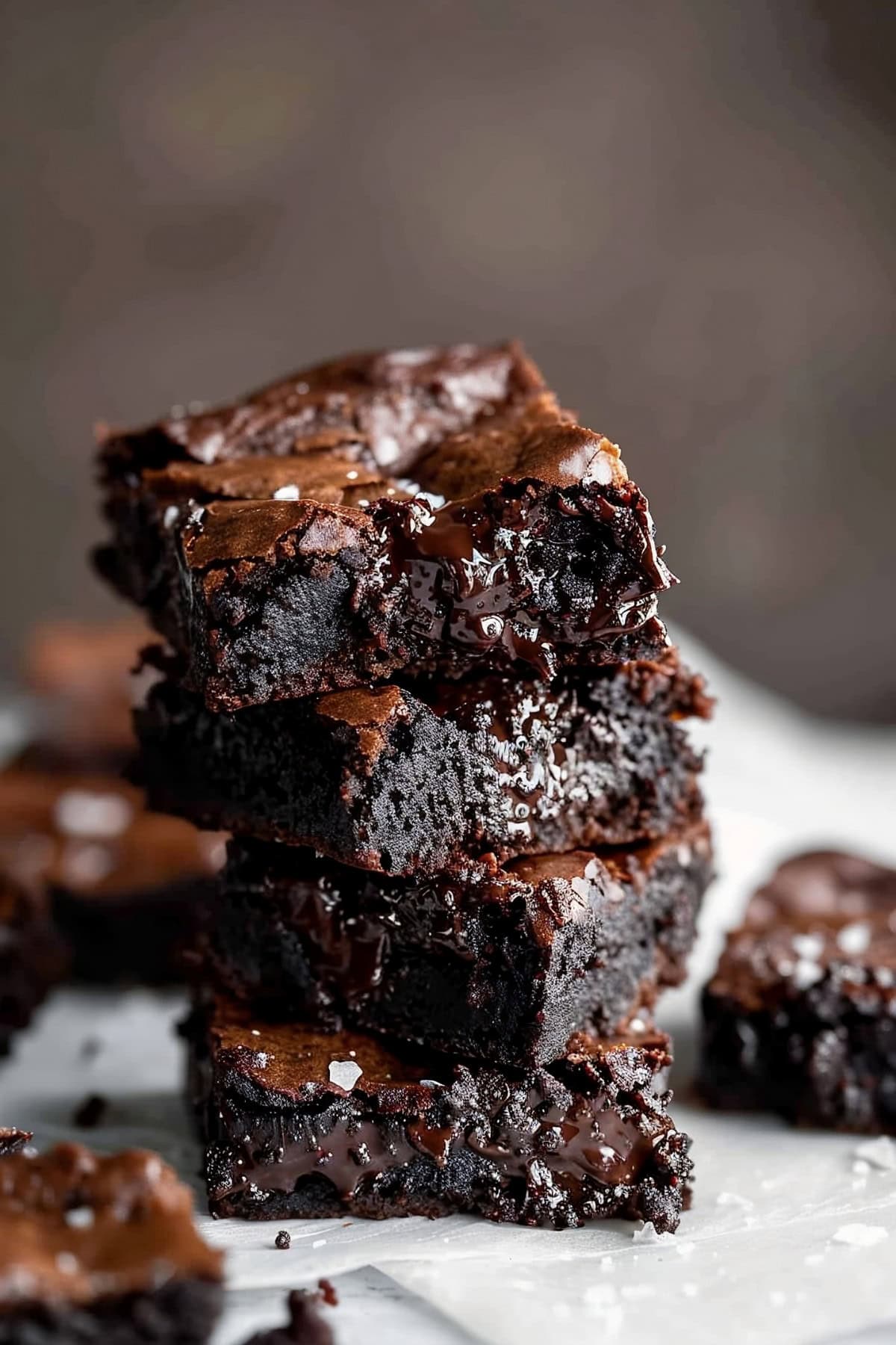 Gooey Chocolate Brownies, Stacked on Parchment with a Sprinkle of Sea Salt
