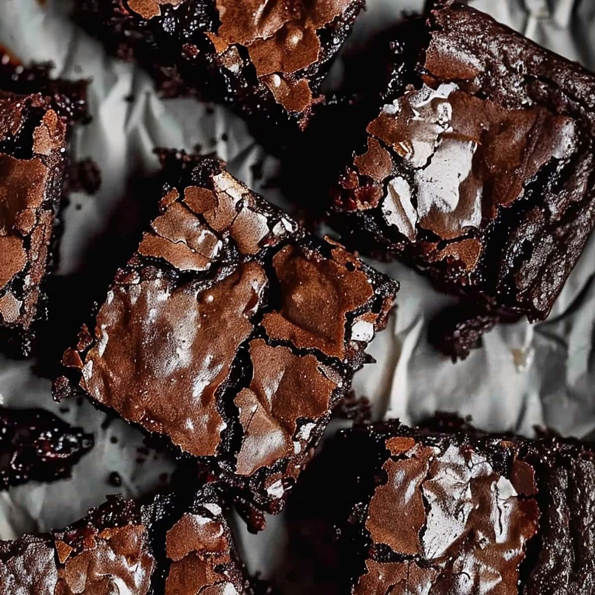 Close Top View of Chocolate Brownie Squares on Parchment Paper
