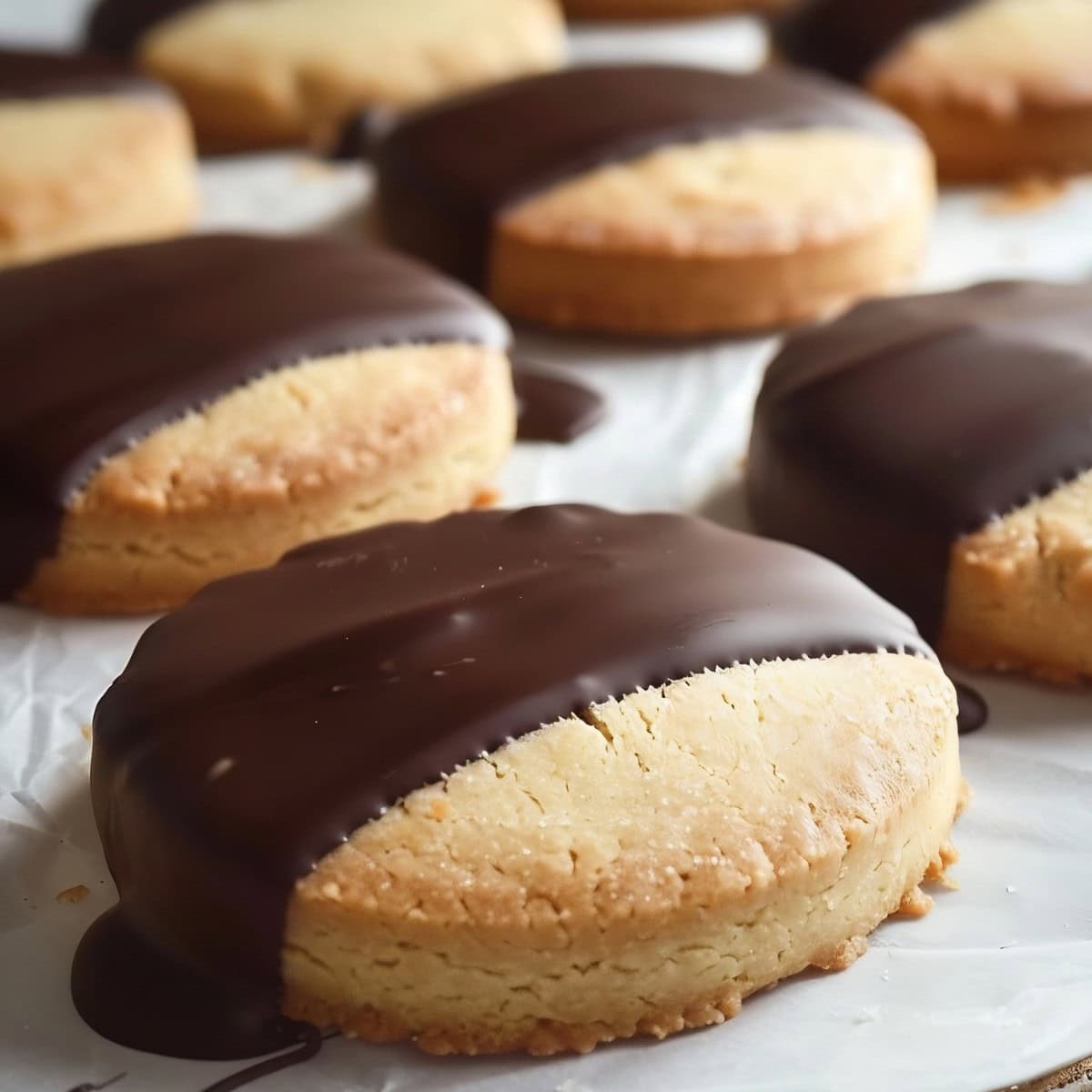 Super Close Up of Chocolate-Dipped Shortbread Cookies with Shiny Chocolate and Sugar Granules