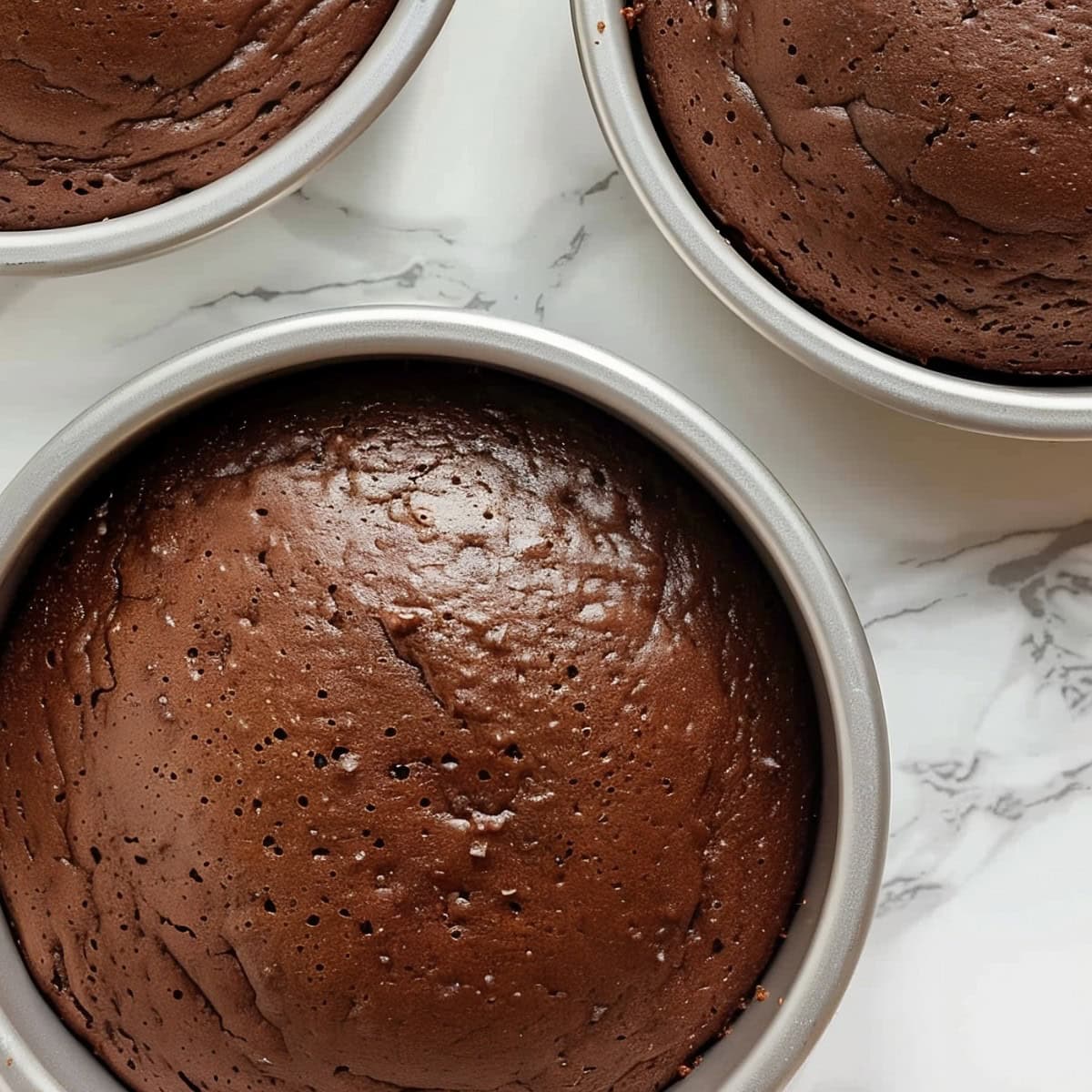 Unfrosted Chocolate Fudge Cakes in three pans, top down view