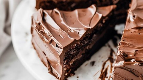 Portion sliced Chocolate Truffle Cake on a cake tray.