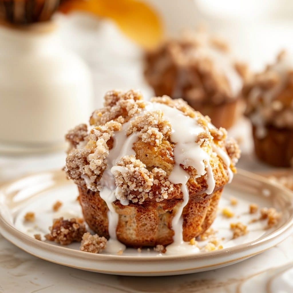 Coffee Cake Muffin on Plate dripping with white glaze