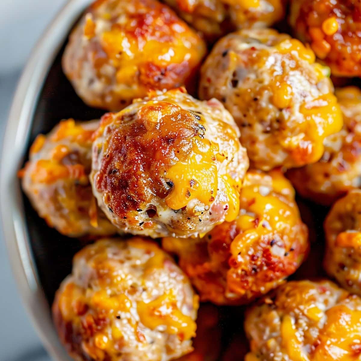 Super Close Up of Cream Cheese Sausage Balls with Melty Cheese and Seasonings