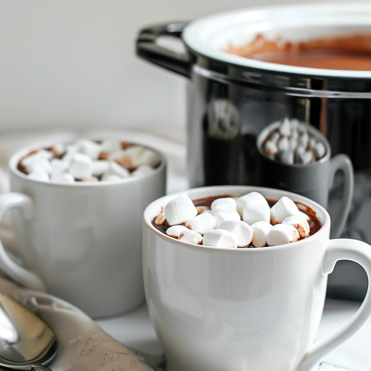 Two Mugs with Crockpot Hot Chocolate and Marshmallows with the Crockpot in the Background