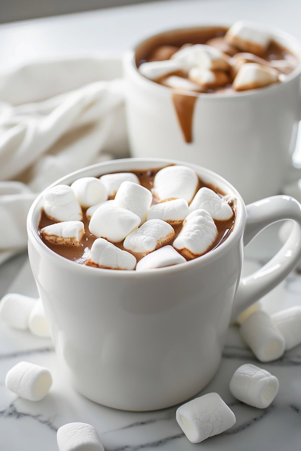 Two Mugs of Crockpot Hot Chocolate with Marshmallows, Dripping Chocolate on a White Marble Table with More Marshmallows Around the Mugs