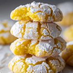Four Lemon Crinkle Cookies Stacked on Top of Each Other, Two with a Bite Taken Out on Parchment Paper