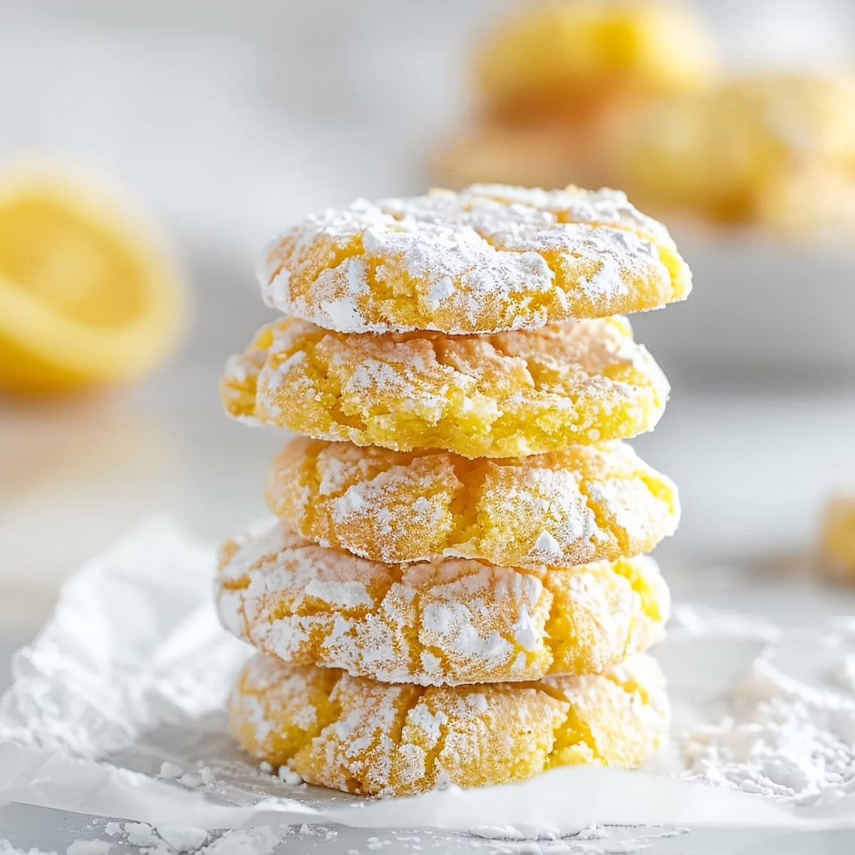 Lemon Crinkle Cookies Stacked on Top of Each Other on Parchment Paper with Powdered Sugar and Lemons in the Background