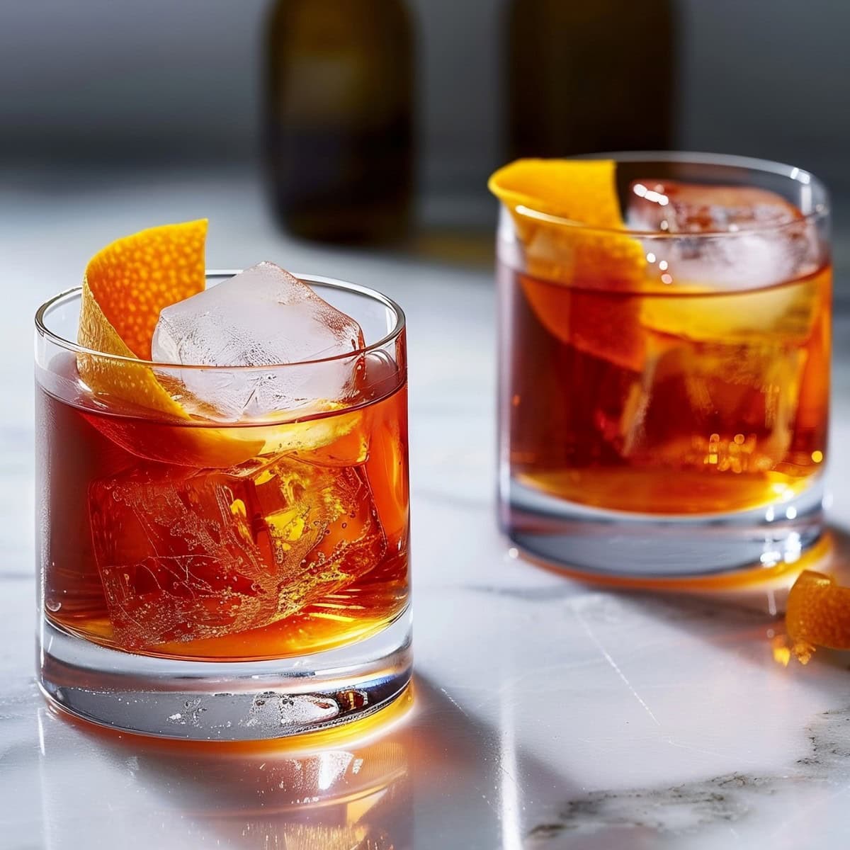 Two Mezcal Negroni in Rocks Glasses with Ice and an Orange Peel Garnish on a White Marble Table