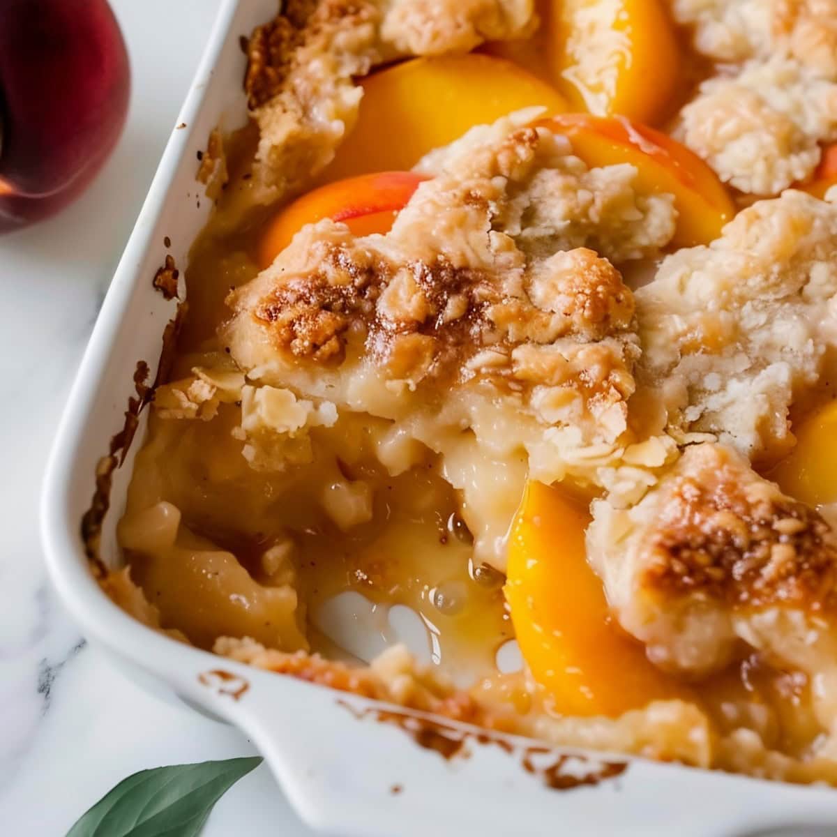 Close Up of Peach Cobbler with Cake Mix in the Casserole Dish on a White Marble Table